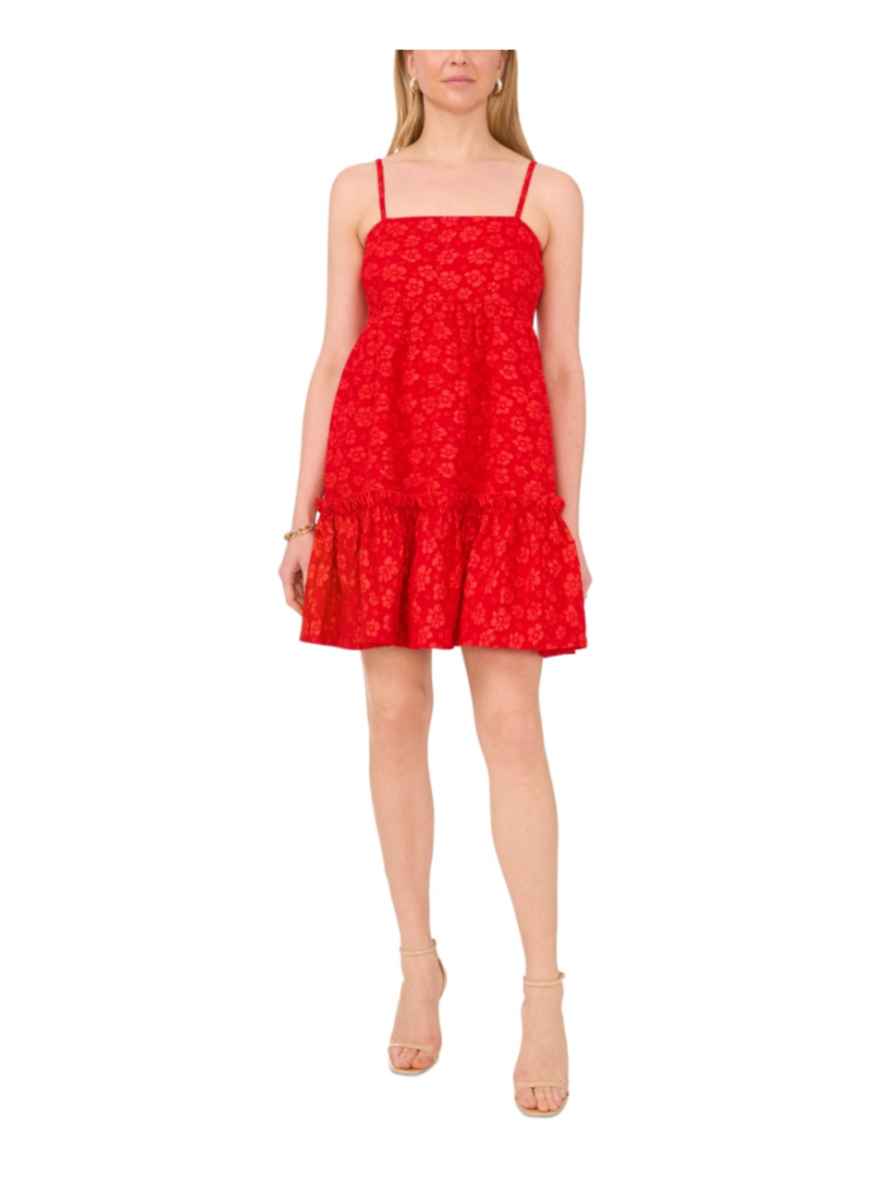 CeCe Women's XS Red Floral Textured Babydoll Square-Neck Midi Dress NWT